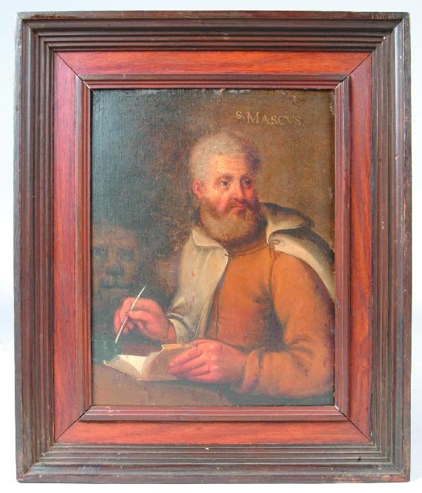 Oil on Wood Panel Painting of St Marcus seated wri: Oil on Wood Panel Painting of St Marcus seated writing in book with molded frame, image 12"h. x 9 ¼"w. , overall 17"h. x 14 ½"w. Condition: Good.