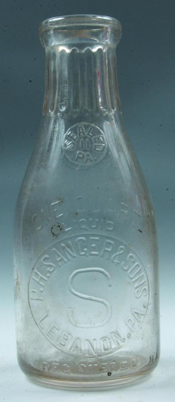 P. H. Sanger & Sons, Lebanon, PA Milk Bottle -: P. H. Sanger & Sons, Lebanon, PA Milk Bottle - Embossed - quart, (Good cond).