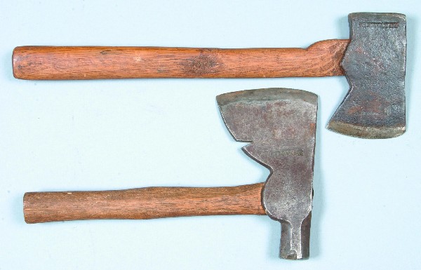 Two H. H. Stricker Antique Wrought Iron Tools; shi: Two H. H. Stricker Antique Wrought Iron Tools; shingling hatchet with7-1/2" head (chip on hammer edge) and hatchet with 5-1/2" head.