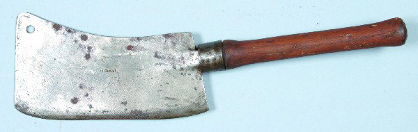 J. B. Stohler (Schaefferstown, Lebanon Co., PA) An: J. B. Stohler (Schaefferstown, Lebanon Co., PA) Antique Wrought Iron Butcher's Meat Cleaver with 11-1/2" blade, 23" overall. Good.