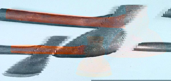 Two J. B. Stohler (Schaefferstown, Lebanon Co., PA: Two J. B. Stohler (Schaefferstown, Lebanon Co., PA) Antique Wrought Iron Tools; American broad axe with 10-1/4" blade and a Kent type hatchet with 7" head. Good.