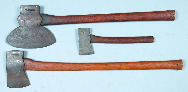 Three J.B. Stohler (Schaefferstown, Lebanon Co., P: Three J.B. Stohler (Schaefferstown, Lebanon Co., PA) Antique Wrought Iron Tools; Anglo-American hatchet and axe with 4-1/2" and 6-1/4" heads, plus an American Broad Axe with 8-3/4" blade. Good.