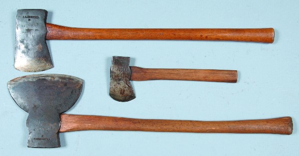 Three J. B. Stohler (Schaefferstown, Lebanon Co., : Three J. B. Stohler (Schaefferstown, Lebanon Co., PA) Antique Wrought Iron Tools; Anglo-American hatchet and axe with 4-3/4" and 6-3/4" heads, plus an American Broad Axe with 8-3/4" blade. Good.
