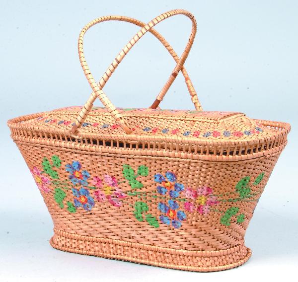Rice Straw Oval Covered Swing-handle Basket with P: Rice Straw Oval Covered Swing-handle Basket with Polychrome Floral and Foliate Hand Painted Decoration. 5"h x 11"l x 5-3/4"d. Condition: Good.
