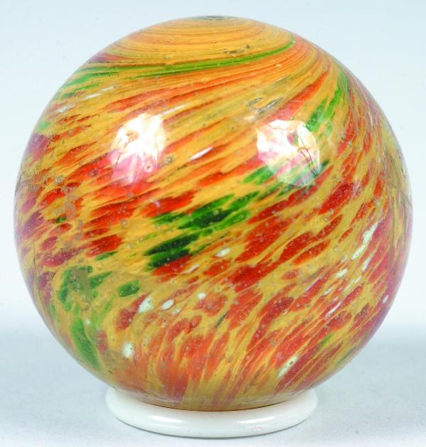Onion Skin Yellow Base Marble With Red And Green S: Onion Skin Yellow Base Marble With Red And Green Spots, marble 2-1/8'' diam. Light wear; no chips or dings.