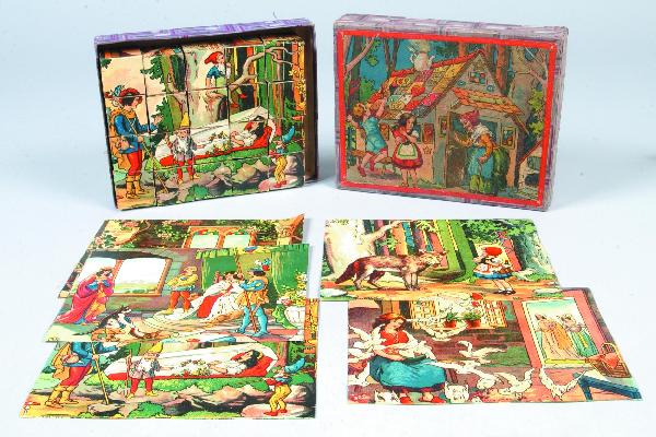 German Picture Puzzle Boxed Set with six various F: German Picture Puzzle Boxed Set with six various Fairy Tale scenes, paper lithograph over wood blocks with lithograph paper patterns. (complete) Box measures 2"h x 9-1/4"w x 7-1/2"d. Condition: good w
