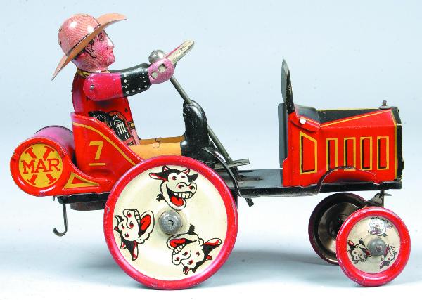 Marx Tin Lithograph Wind-up Cowboy Whoopee Car. Re: Marx Tin Lithograph Wind-up Cowboy Whoopee Car. Red, yellow & black tin litho toy with driver. 6-1/2" high. Condition: Very good.