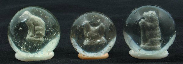 Lot of Three Sulphide Marbles; standing bear, hen : Lot of Three Sulphide Marbles; standing bear, hen and dog. 1-1/4 to 1-1/2" diam. Condition: Some wear and chips.