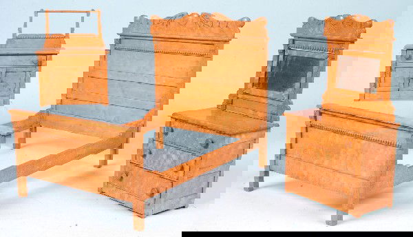 Late 19th Century Bird's Eye Maple Miniature Three: Late 19th Century Bird's Eye Maple Miniature Three Piece Cottage Bedroom Suite. Signed four places in pencil "Hebrew B. Bender, Emporium, Cameron Co., Pa. Manufacture This, April 26, 1894, For Hatie B