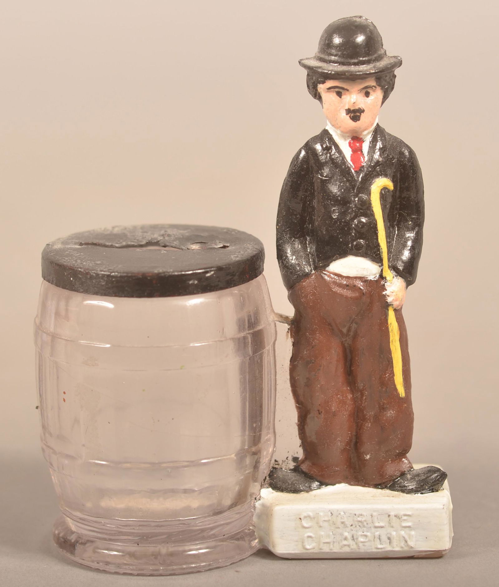 Charlie Chaplin Painted Glass Candy Container Bank. (1 of 5)