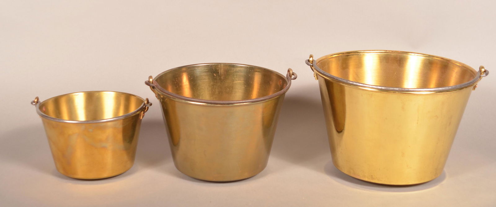 Three Antique American Graduated Brass Pails. (1 of 6)