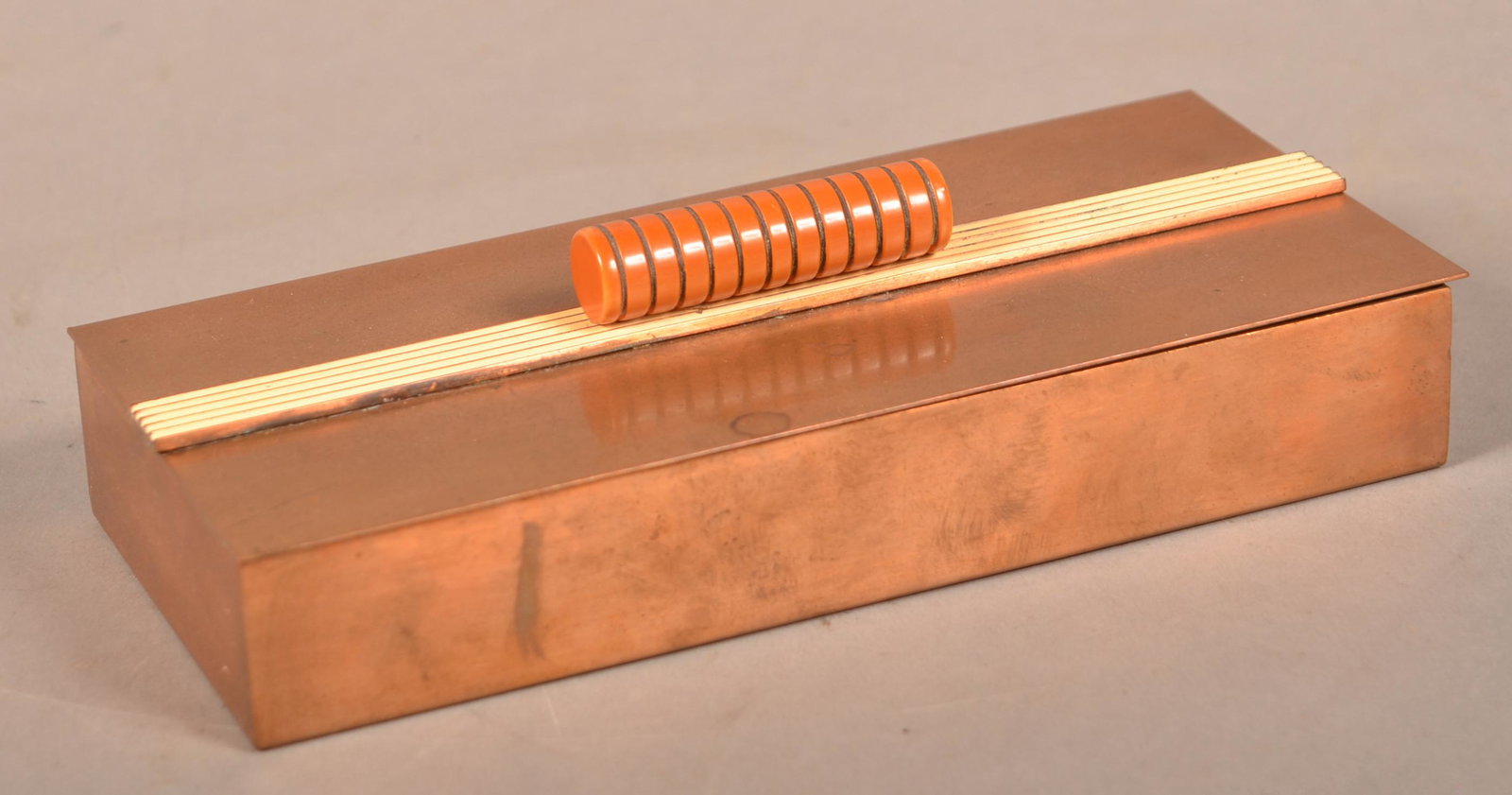 Chase Art Deco Copper and Bake-a-lite Match Coffer.: Chase Art Deco Copper and Bake-a-lite Match Coffer. 7-1/4"l. Condition: Good with use wear.