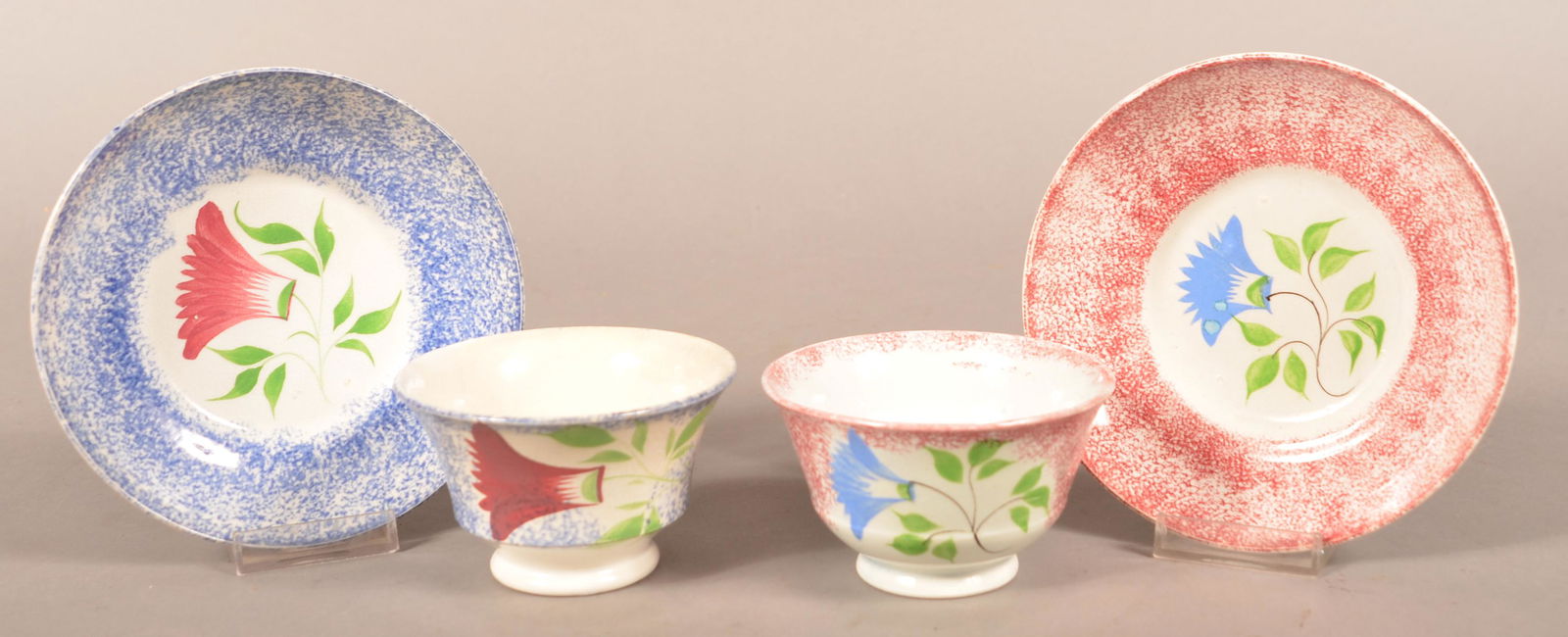 Two Spatterware Thistle Pattern Cups and Saucers. (1 of 4)