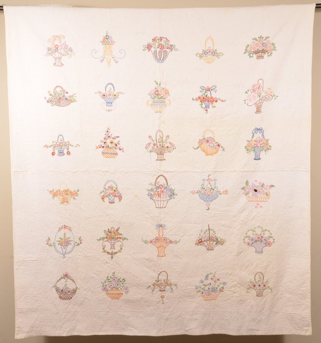 Antique Basket of Flowers Pattern Needlework Quilt. (1 of 3)