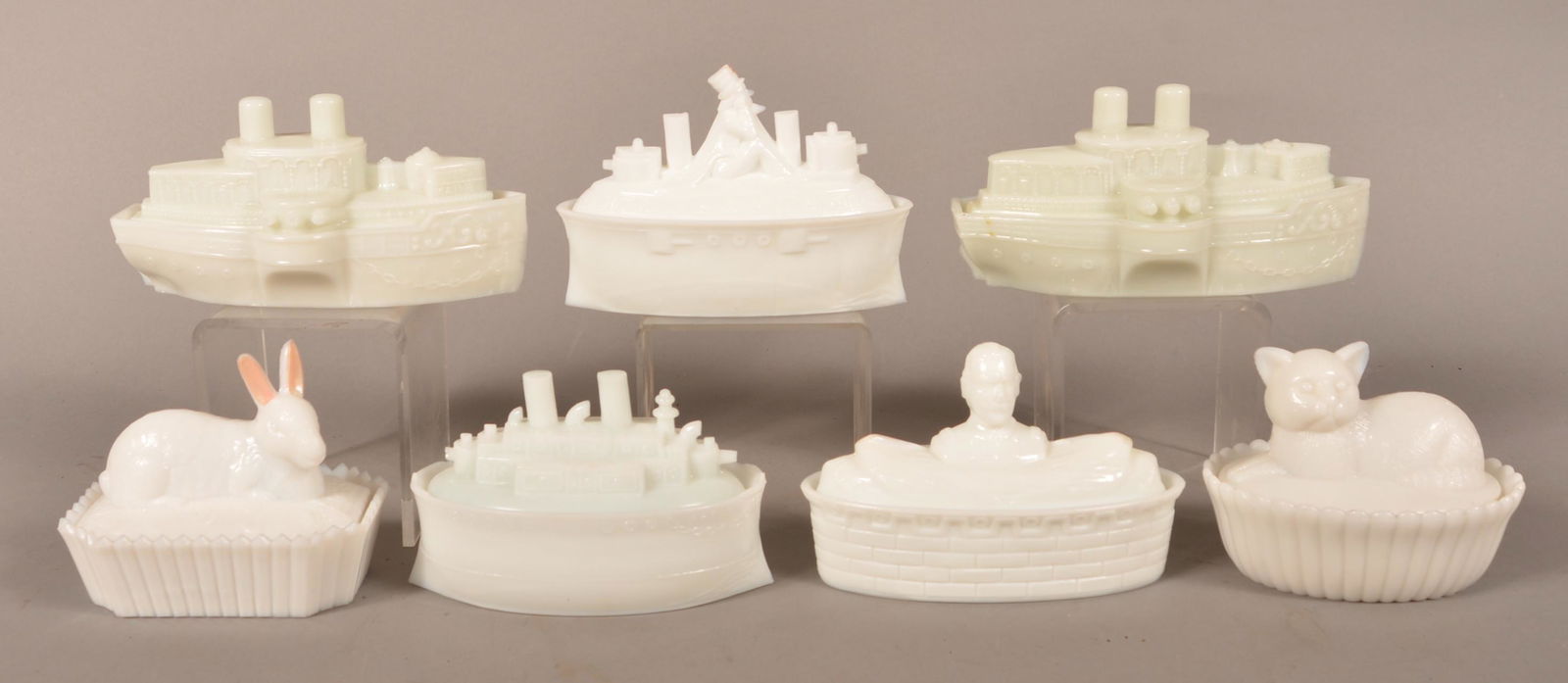Seven Various Milk Glass Covered Dishes. (1 of 5)