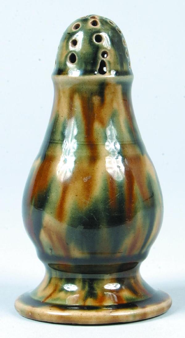 Green and Brown Mottled-glaze Yellowware Pottery D: Green and Brown Mottled-glaze Yellowware Pottery Dome-top Pepper Pot, 5" high. Condition: Good.