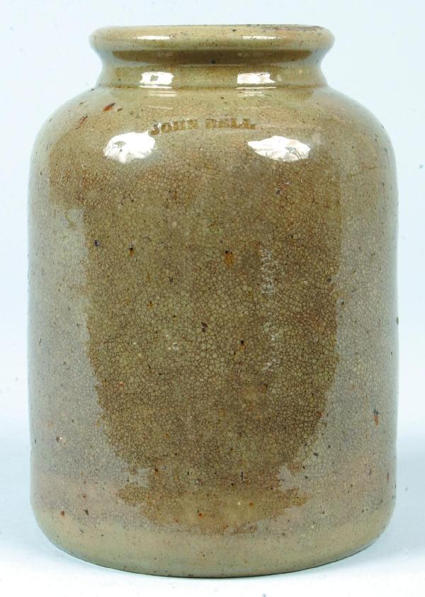 John Bell Salt Glazed Stoneware Pottery Storage Ja: John Bell Salt Glazed Stoneware Pottery Storage Jar, impressed mark on shoulder, 6-3/4" high. Condition: Rim chip, staining and crazing.