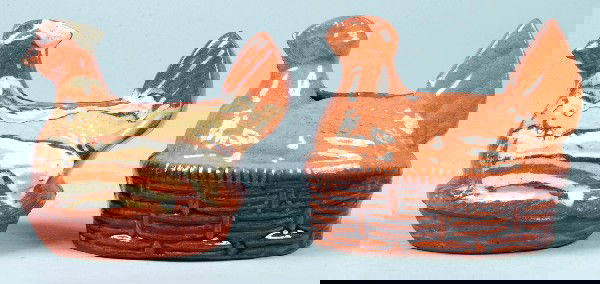 Two Pennsylvania Glazed Redware Pottery Hen on Nes: Two Pennsylvania Glazed Redware Pottery Hen on Nest Still Banks, 3-1/2" high. Condition: Both have chips on beaks.