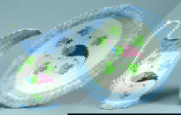 Rare Blue Spatter Ironstone China Peafowl Pattern: Rare Blue Spatter Ironstone China Peafowl Pattern Paneled Pitcher and Bowl Set. Blue, green and red peafowl on branch with green foliate, impressed Adams. Provenance: Bea Cohen. Condition: Restored. P