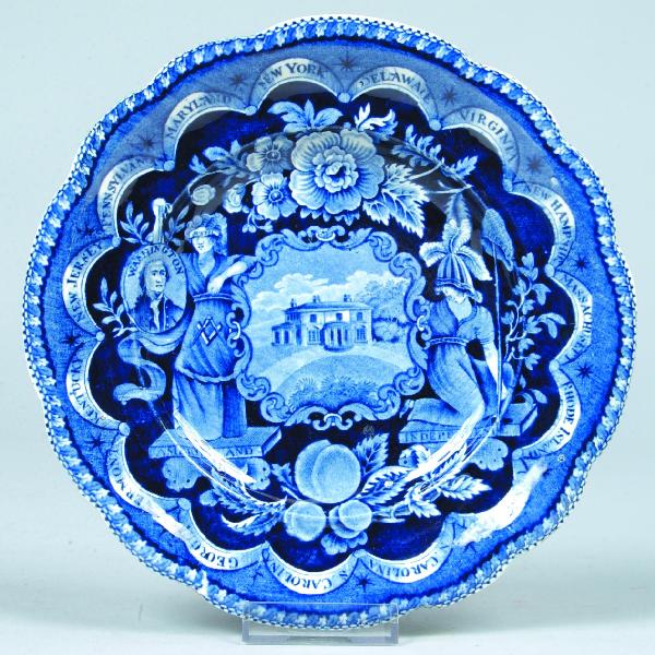 Historical Staffordshire Blue Transfer China "Stat: Historical Staffordshire Blue Transfer China "States" 7-7/8" Scalloped Edge Plate with Low Two Story Structure central scene, marked Clews. Condition: Good with small chip on base rim.