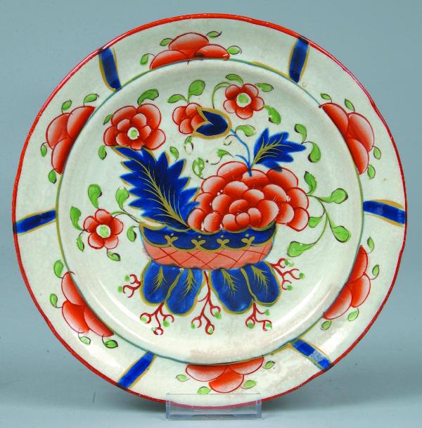 Gaudy Dutch China War Bonnet Pattern 8 1/4" Plate : Gaudy Dutch China War Bonnet Pattern 8 1/4" Plate with floral panel border, Condition: Good with discoloration and paint loss.