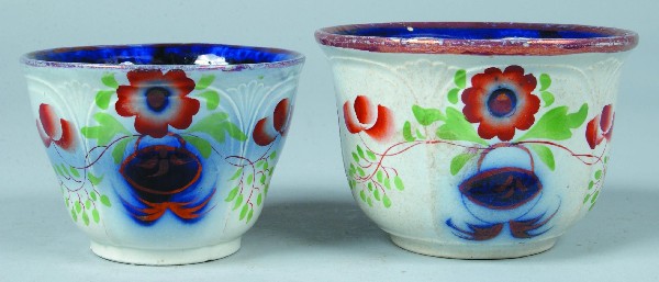 Two Gaudy Ironstone China Seeing Eye Pattern Waste: Two Gaudy Ironstone China Seeing Eye Pattern Waste Bowls, unmarked Niagara Shape, 3 1/4"h.x 4 5/8"dia.and 3 5/8"h. x 5 1/2"dia., Condition: smallest good with base chip, largest good with discoloratio