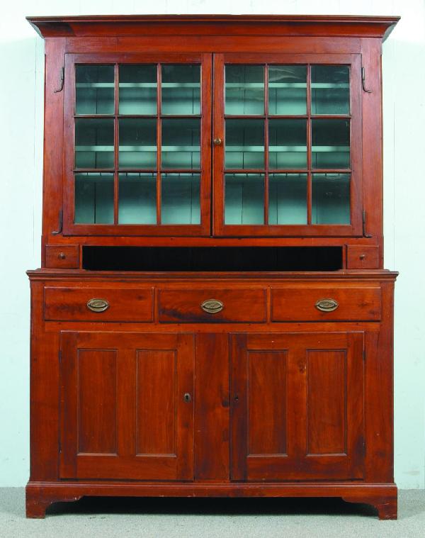 Lancaster County, PA Chippendale/Hepplewhite Trans: Lancaster County, PA Chippendale/Hepplewhite Transitional Walnut Two-part Dutch Cupboard. Molded cornice, two 9 pane glazed upper doors with wrought iron rat-tail hinges and dovetailed candle drawers.