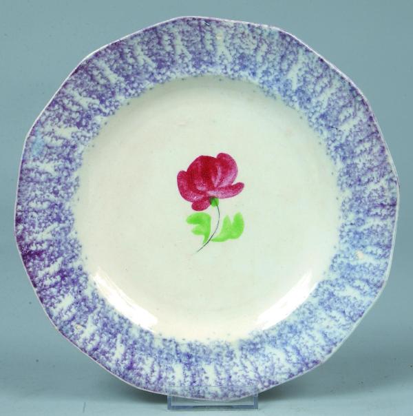 Mulberry Spatter Ironstone China Rose Pattern Pane: Mulberry Spatter Ironstone China Rose Pattern Paneled Plate, red flower with green leaves. 8-1/2" diam. Condition: Good.