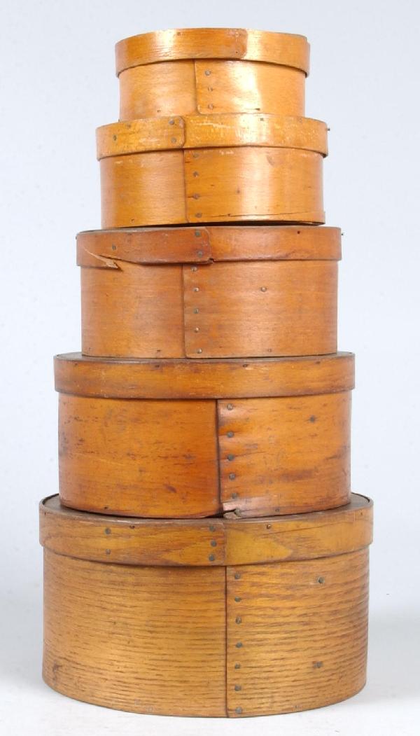 Assembled Set of Five Graduated Bentwood Pantry Bo: Assembled Set of Five Graduated Bentwood Pantry Boxes. Various woods with tacked construction. 5-3/4" to 10" diam. Condition: Most are good , some with breaks.