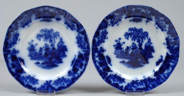 Two Flow Blue Scinde Pattern Ironstone China 9-1/: Two Flow Blue Scinde Pattern Ironstone China 9-1/2" Paneled Plates marked J. & G. Alcock. Condition: Good.