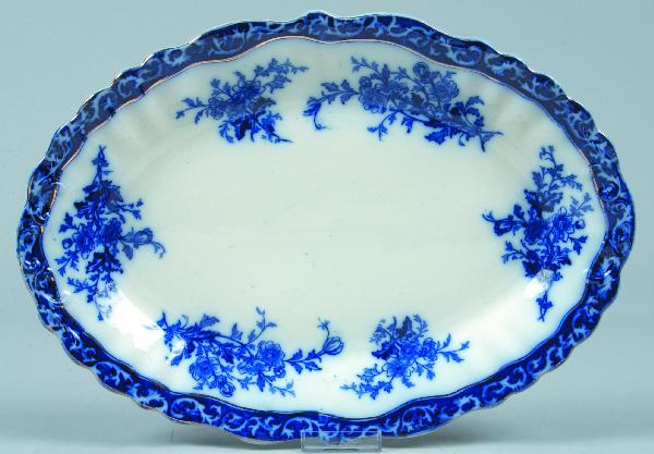 Flow Blue China Touraine Pattern Scalloped Edge P: Flow Blue China Touraine Pattern Scalloped Edge Platter marked Stanley Pottery Co. 10-3/4" x 15". Condition: Good.
