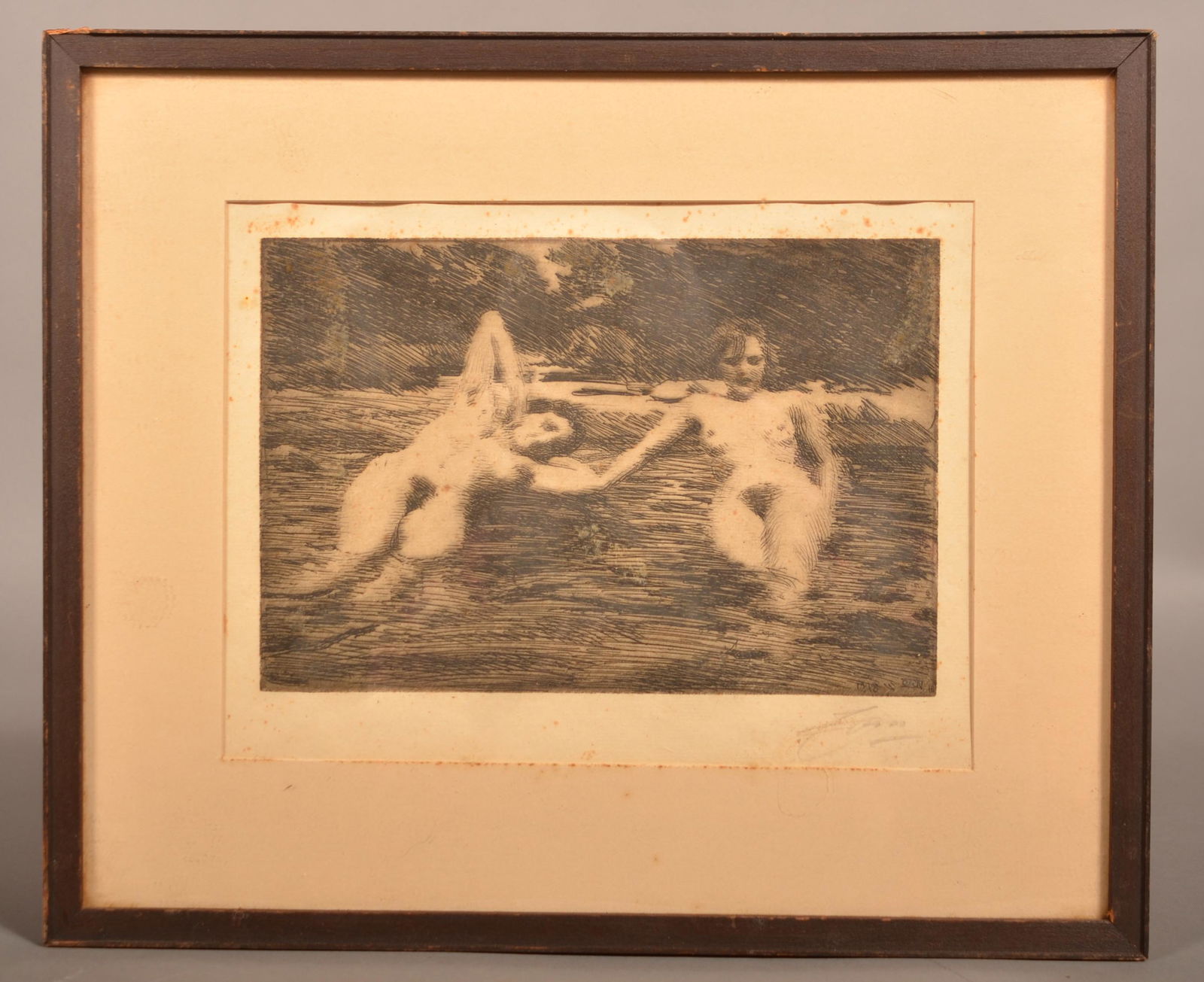 Anders Zorn Reclining Nudes Etching.: Anders Zorn Reclining Nudes Etching. (1860-1920). Signed and dated 1918 in the plate, pencil signed lower right. Framed and matted, 12-1/2" x 15" overall. Condition: Fair to good with foxing and tonin