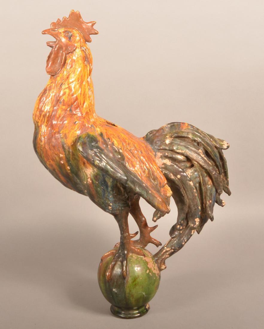 Large Polychrome Glazed Redware Architectural Rooster.: Large Polychrome Glazed Redware Architectural Rooster. 30"h. Condition: Good with glaze loss and chips.