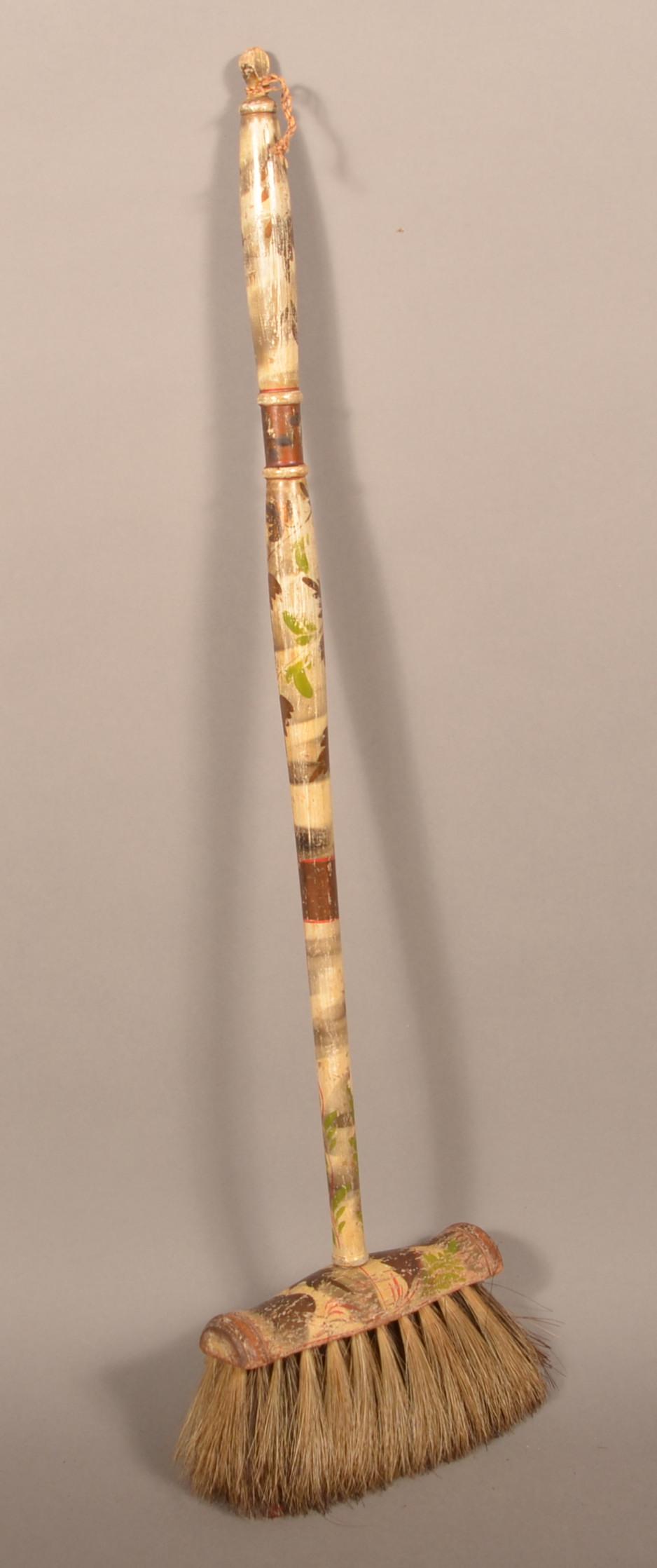 Antique Smoke and Paint-Decorated Wood Hearth Broom.: Antique Smoke and Paint-Decorated Turned Wood Hearth Broom. Floral and foliate decoration with horsehair brush. 27-1/2"l. overall. Condition: Good with wear.