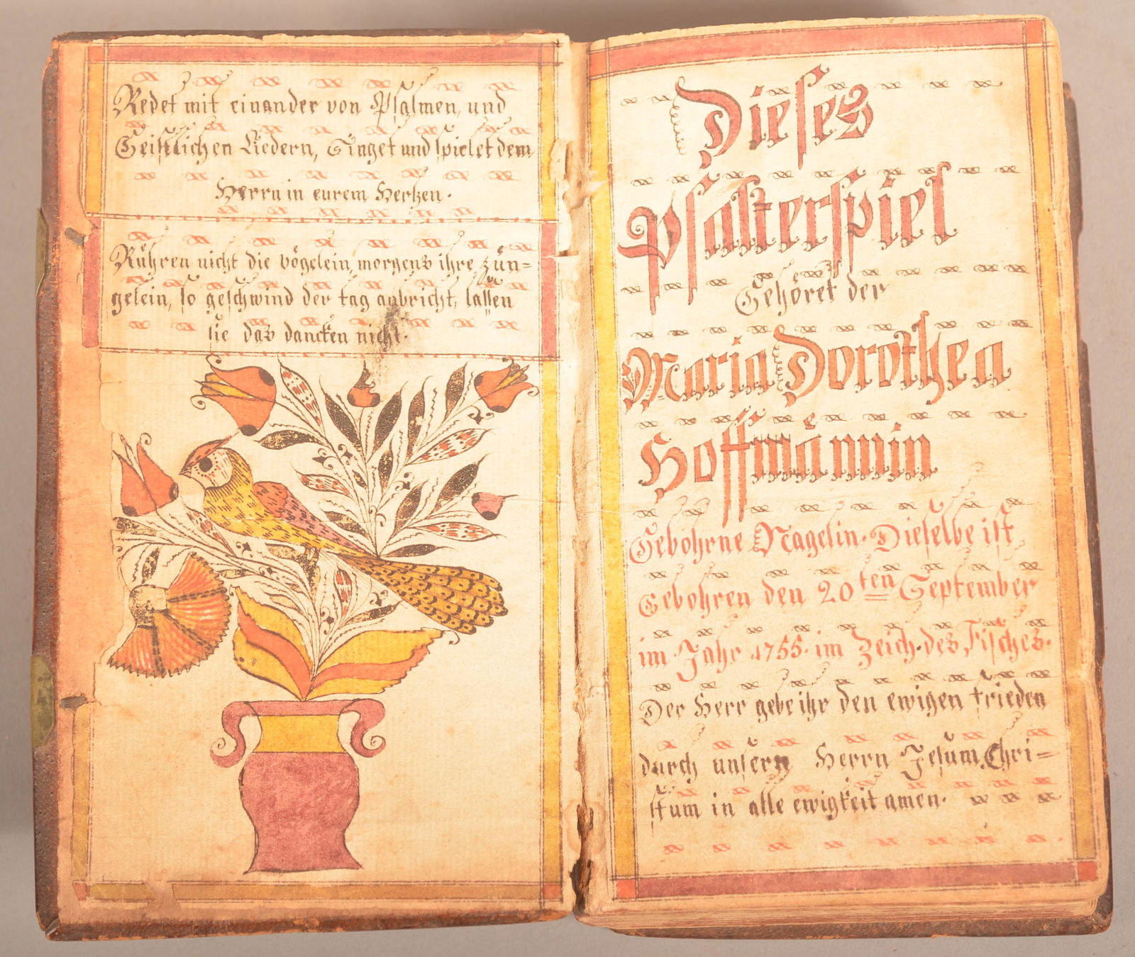 Christian Strenge Watercolor Bookplate 1795 Ephrata: Christian Strenge Watercolor Bookplate 1795 Ephrata Bible. (Lancaster, Pennsylvania, active 1787-1820). Inscribed for Maria Dorothea Hoffman, born September 20, 1755. Yellow and red bird perched on po