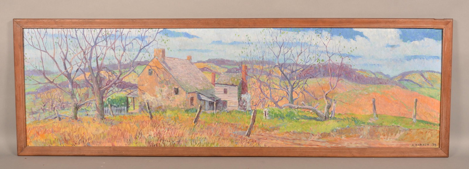 A. Doragh 1934 Oil on Artist Board Landscape Painting.: A. Doragh Oil on Artist Board Landscape Painting. Signed lower right "A. Dorach '34". Horizontal autumn scene landscape depicting a stone house with summer kitchen, executed in pastel tones, in a waln