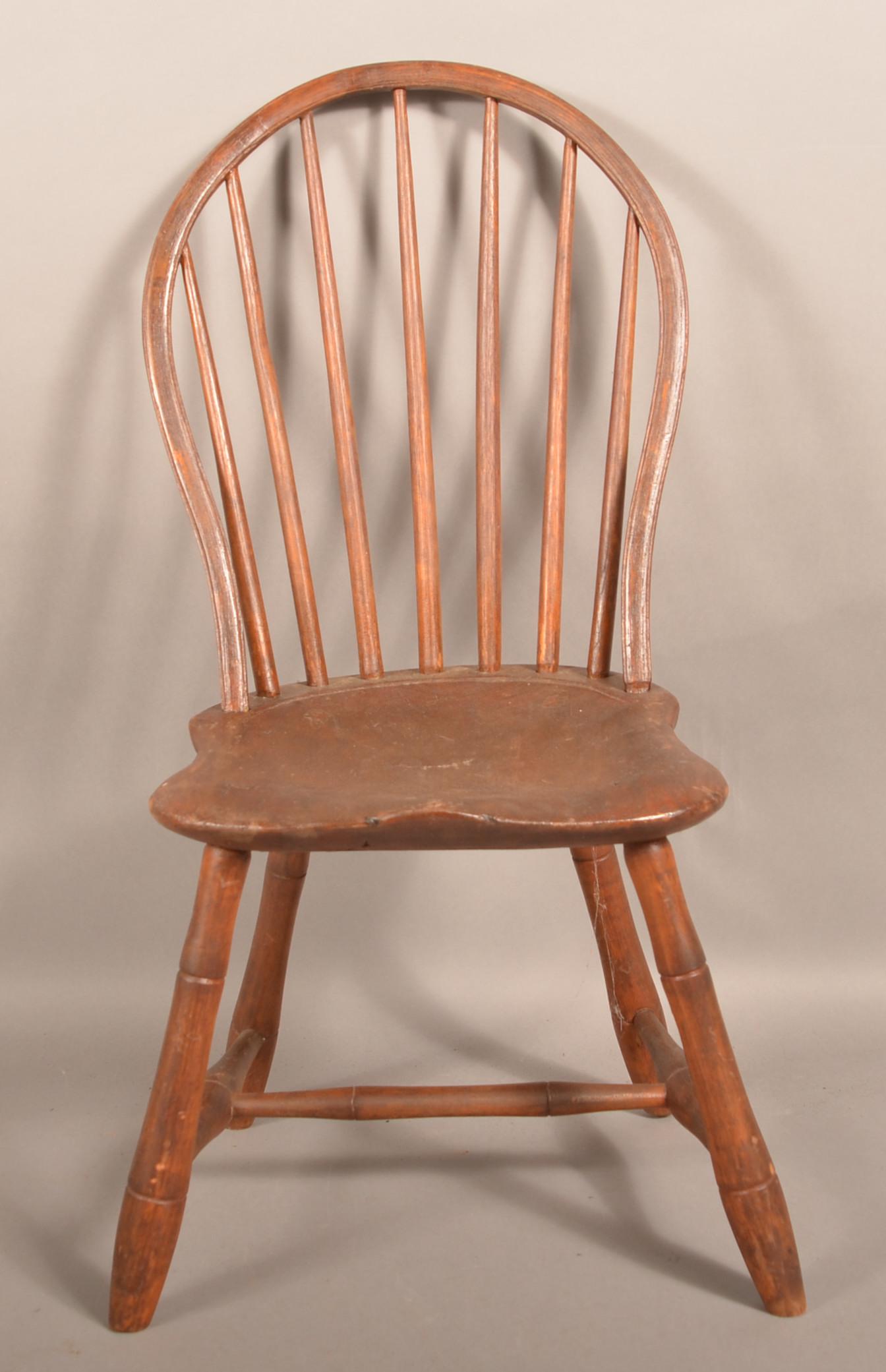 Pennsylvania Windsor Child's Size Hoop-Back Sidechair.: Pennsylvania Windsor Child's Size Hoop-Back Sidechair. Seven spindle back, shield shaped saddle seat and bamboo-turned splayed legs and stretcher. Seat height 13", 29-1/2"h. overall. Condition: Good w