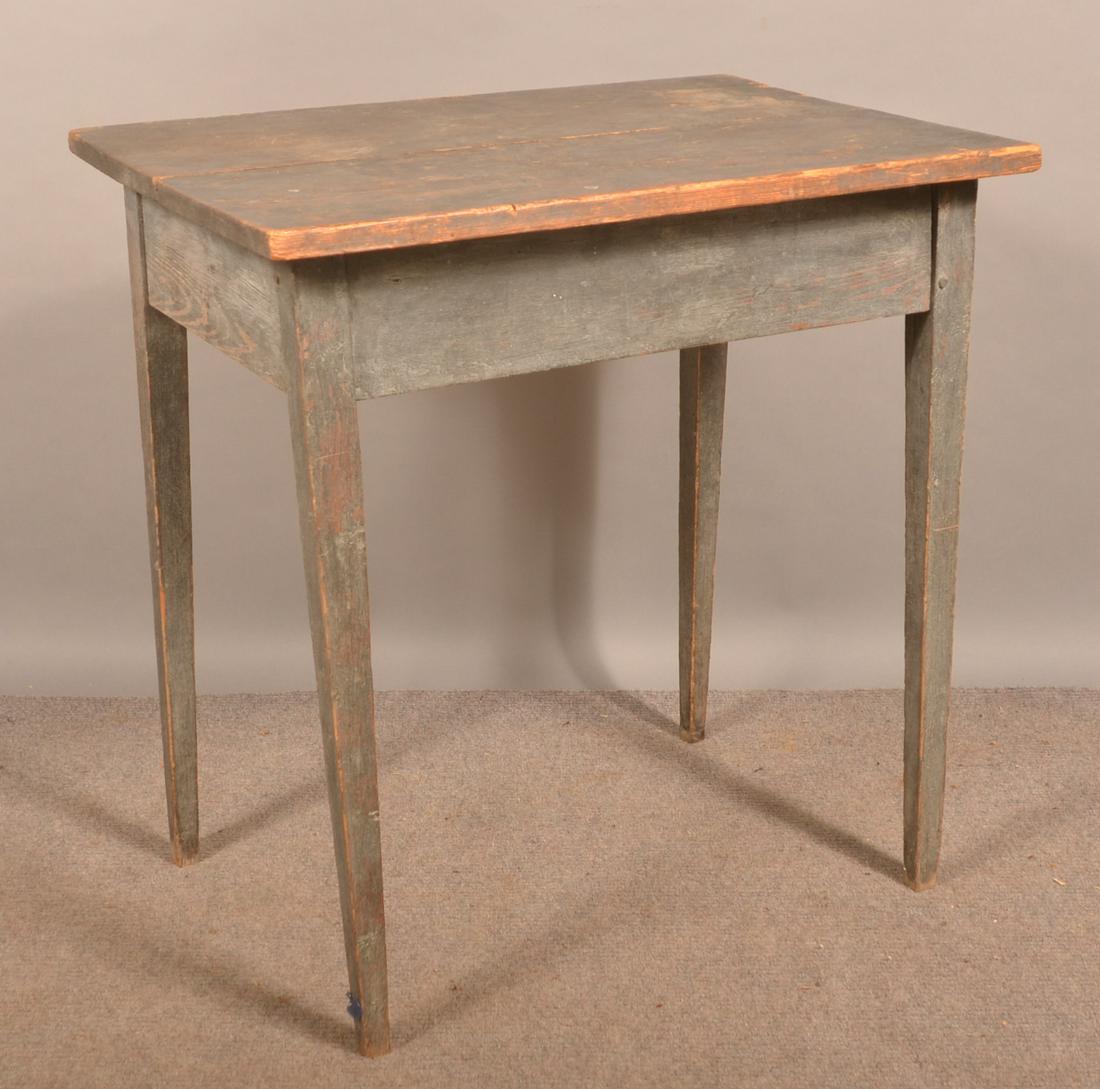 Pennsylvania Country Hepplewhite Softwood Work Table.: Pennsylvania Country Hepplewhite Softwood Work Table. Original blue paint with two board top, tapered legs and pegged construction. 30"h. x 29"w. x 21"d. Condition: Good with wear and minor loss.