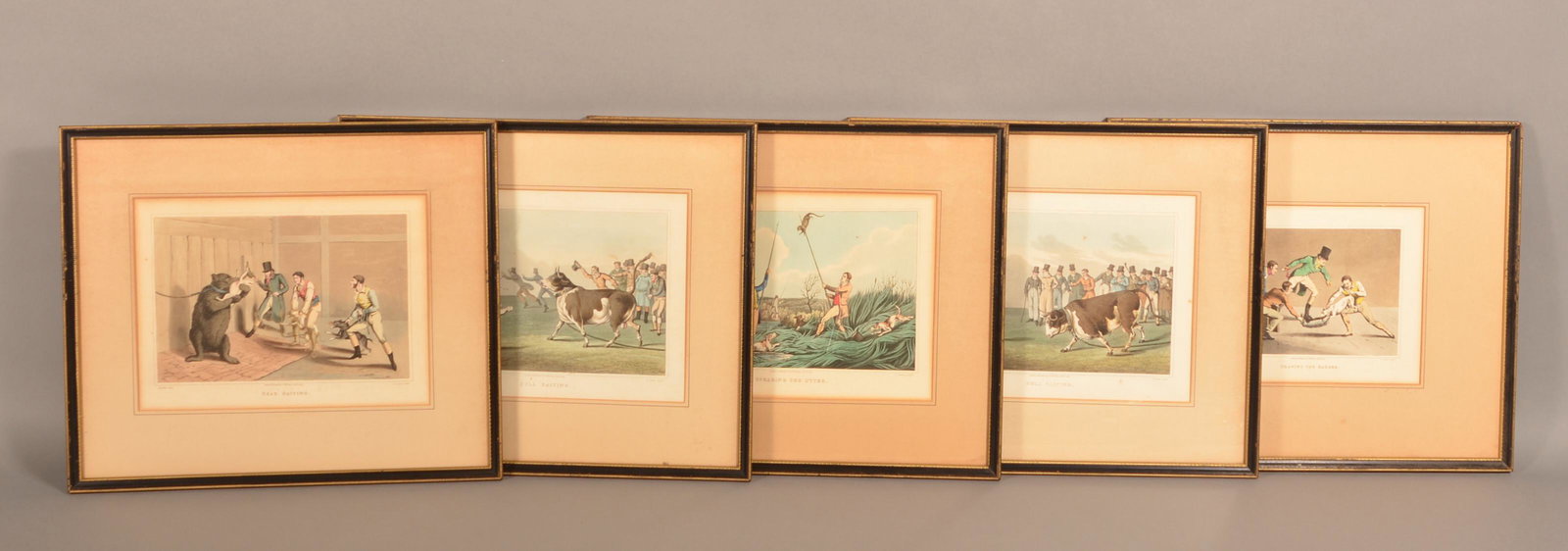 Series of Five Sporting Scene Colored Aquatints.: Series of Five Sporting Scene Colored Aquatints. After Henry Alken (1785-1851). Published by McLean, London, 1820. Two "Bull Baiting", "Bear Baiting", "Drawing the Badger", and "Spearing the Otter". I