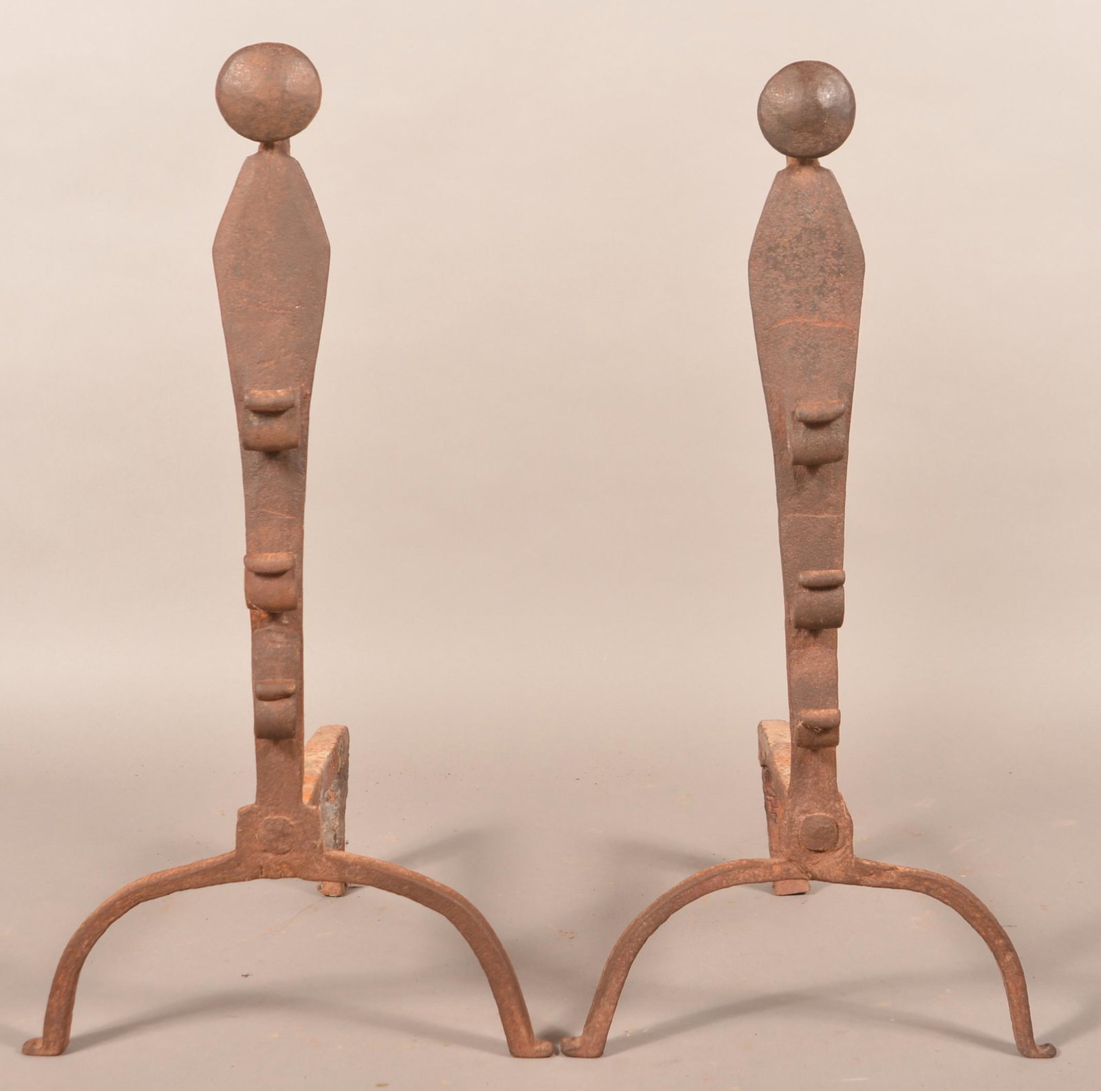 Pair of 18th/19th Century Mushroom Finial Andirons.: Pair of 18th/19th Century Mushroom Finial Andirons. 28-1/2"h. x 14"w. x 16"d. Condition: Good with rust and pitting.