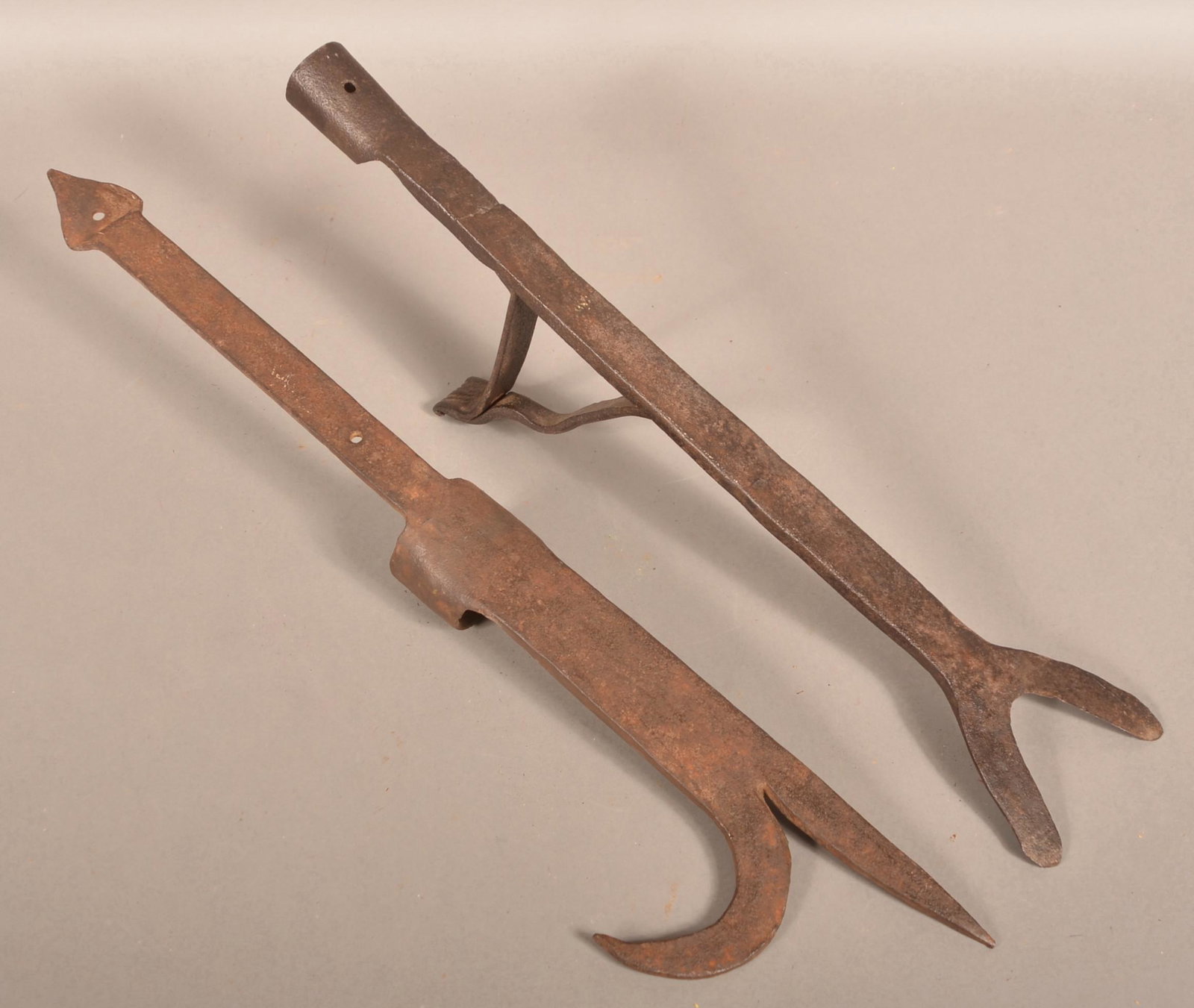 19th Century Wrought Iron Log Dog and Branch Cutter.: 19th Century Wrought Iron Log Dog and Branch Cutter. (Wood handles not included). Branch cutter dated 1816. 24" and 27"l.