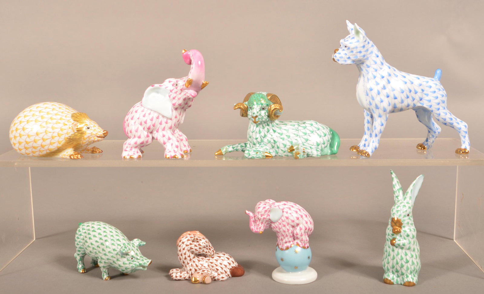 Eight Herend Hand-Painted Porcelain Animal Figurines.: Eight Herend, Hungary Hand-Painted Porcelain Animal Figurines. Includes; two elephants, horse, ram, hedgehog, pig, rabbit and boxer dog. 1-1/2" to 4-1/4"h. Condition: Very good.
