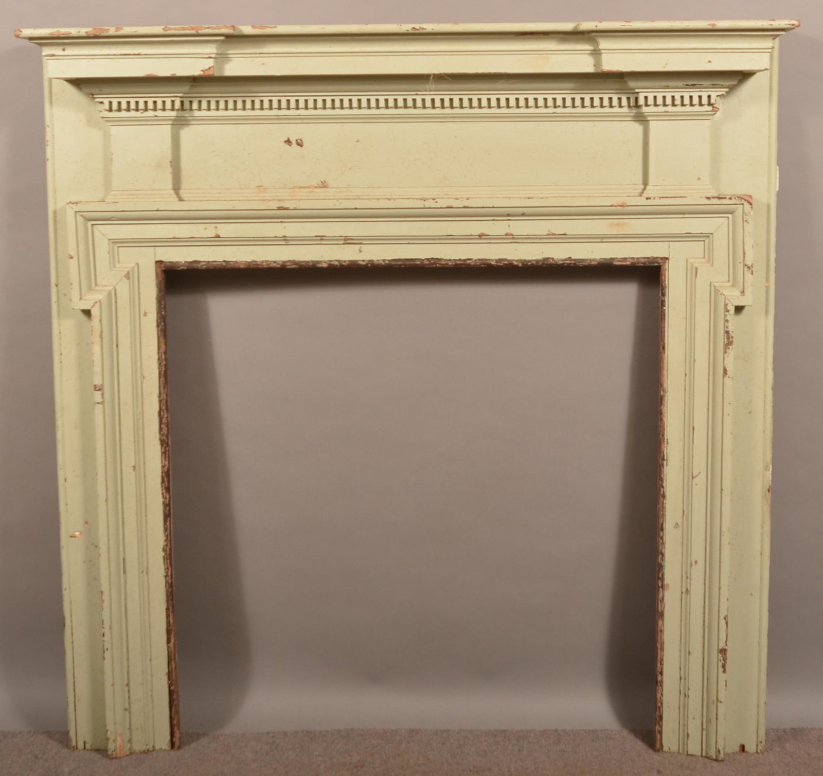 18th Century Softwood Architectural Fireplace Mantel.: 18th Century Softwood Architectural Fireplace Mantel. 52-1/2"h. x 52"w. x 6-3/4"d. Inside measurements 35-1/2"h. x 35"w. Condition: Good with wear and minor loss.