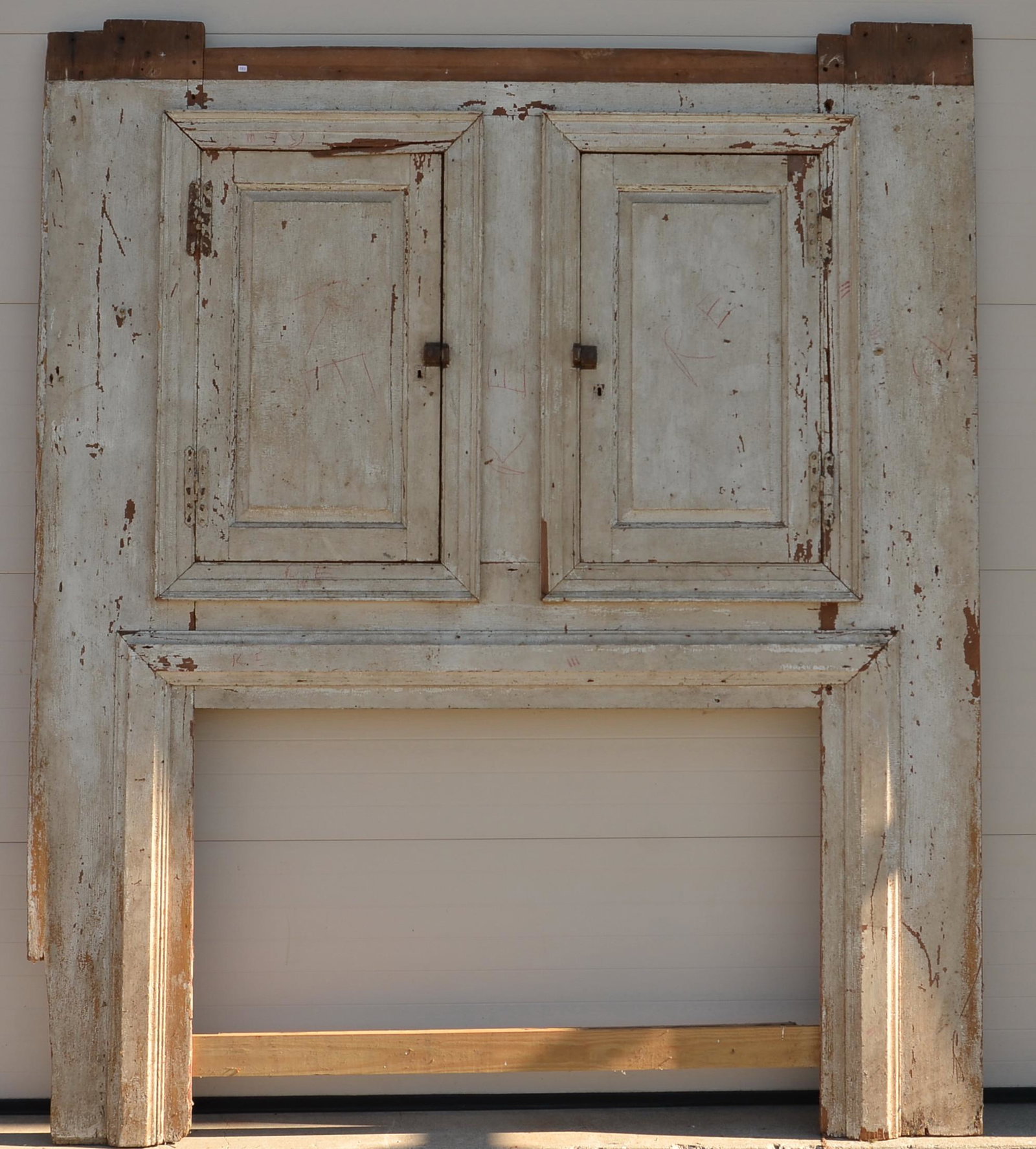 18th Century Softwood Raised Panel Fireback.: 18th Century Softwood Raised Panel Fireback. 98"h. x 82"w. Inside measurements 37"h. x 54"w. Condition: Good with wear and loss.