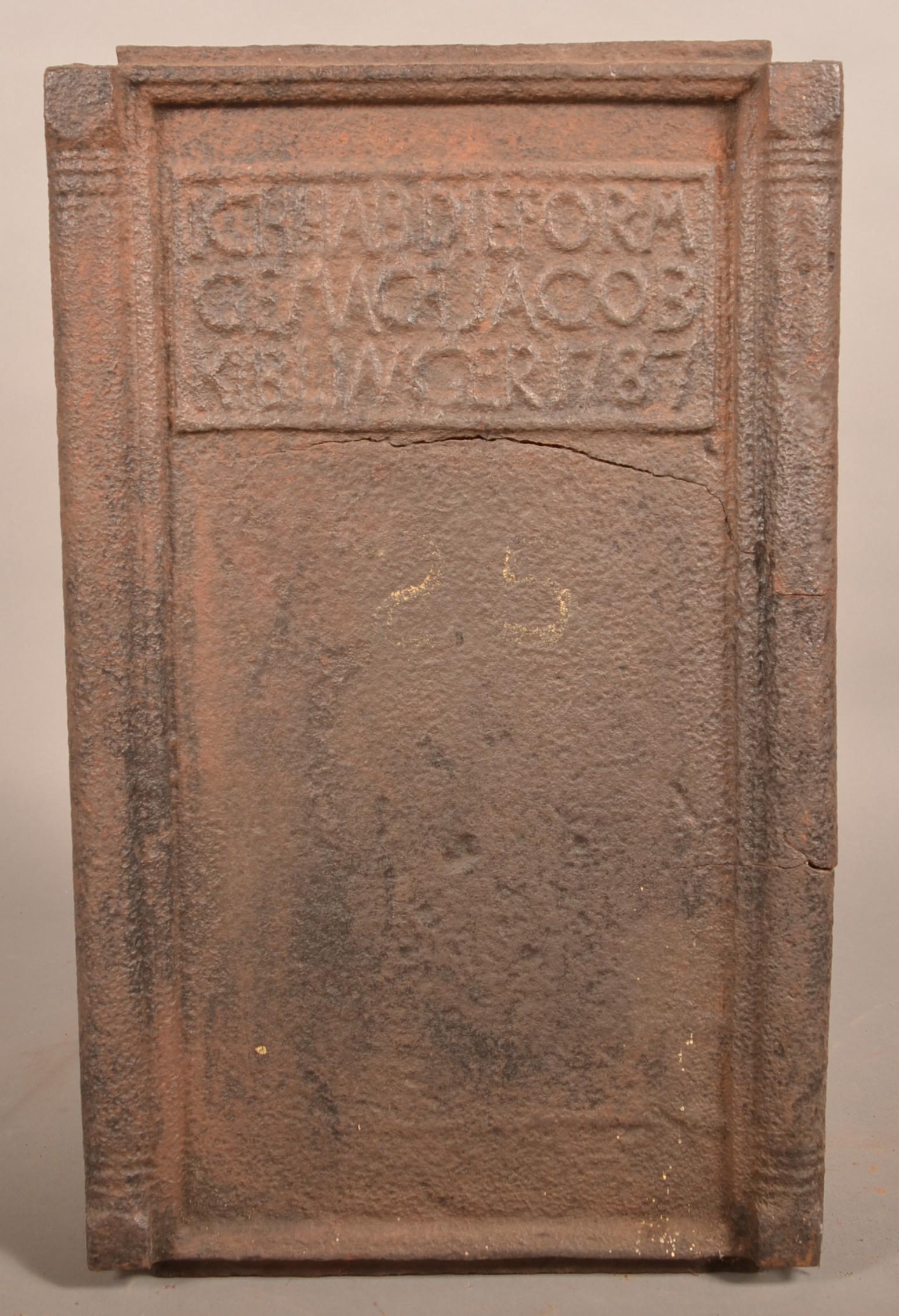 Jacob Kiblinger 1787 Cast Iron Stove Plate.: Jacob Kiblinger 1787 Cast Iron Stove Plate. Back plate of a six or ten plate stove. See "Bible in Iron" by Dr. Henry C. Mercer plate #266. 24"h. x 15"w. Condition: Good with pitting and rust.