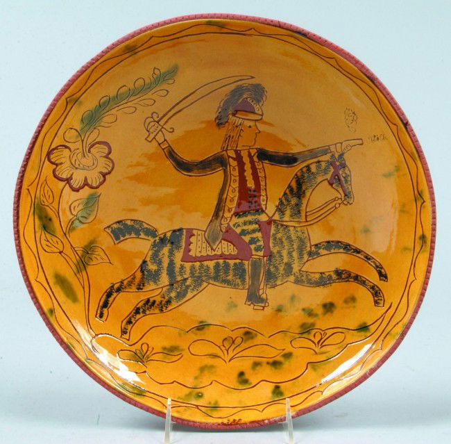 L. B. Breininger 1972 Redware Pottery Soldier on Hor: L. B. Breininger 1972 Redware Pottery Soldier on Horseback Sgraffitto Decorated 13" Plate, Condition: Very good.