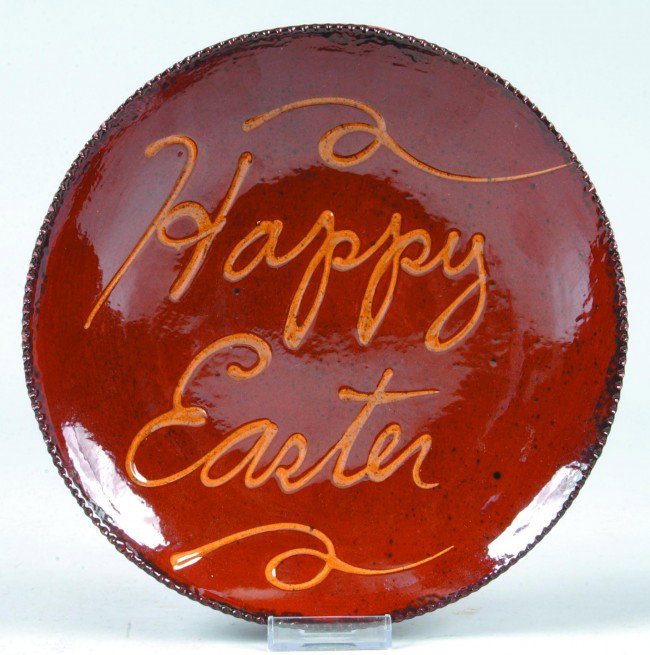 Ned Foltz 2005 Slip Decorated 9-3/4" Plate tilted H: Ned Foltz 2005 Slip Decorated 9-3/4" Plate tilted Happy Easter, Condition: Very good.
