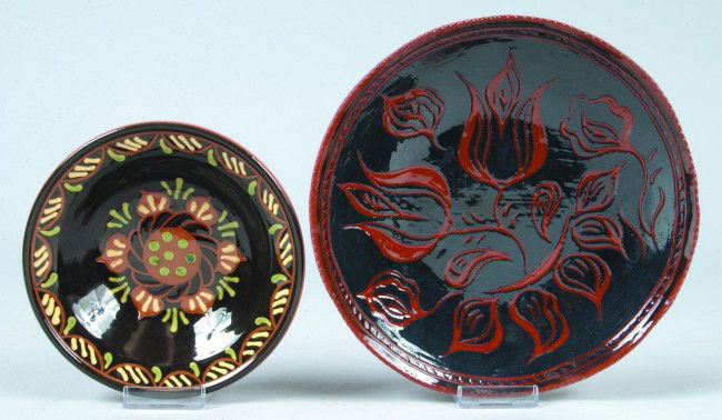 Two Redware Pottery Floral Decorated Plates, Breini: Two Redware Pottery Floral Decorated Plates, Breininger 1998 7"Plate, C. N. Foltz 1980 9-1/2" Plate, Condition: Both very good.