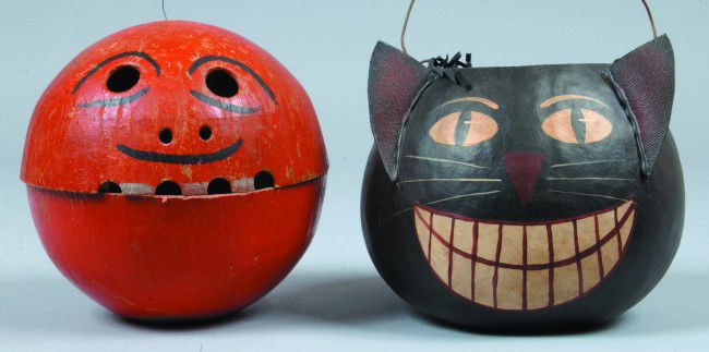 Paper Mache Pumpkin Jack o Lantern and a Gourd Cat: Paper Mache Pumpkin Jack o Lantern and a Gourd Cat Decorated Basket, two part pumpkin with cut out face decoration and hanging wire, 6"h. and 5-3/4"h. Condition: Good.