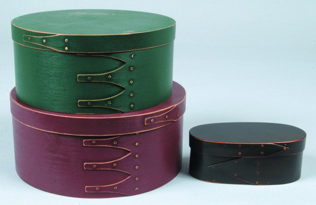 Three Shaker Type Painted Pantry Boxes. Finger joi: Three Shaker Type Painted Pantry Boxes. Finger joints with brass tack construction, 9" and 10"dia. round form and 6 1/2"w. oval tinder box style, Condition: Good.